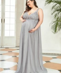 Ever-Pretty US Maternity Dresses Plus Size Double V-Neck Lace Bodice Long Flowy Maternity Dress