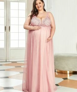 Ever-Pretty US Maternity Dresses Plus Size Double V-Neck Lace Bodice Long Flowy Maternity Dress
