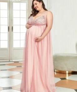Ever-Pretty US Maternity Dresses Plus Size Double V-Neck Lace Bodice Long Flowy Maternity Dress