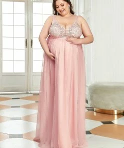 Ever-Pretty US Maternity Dresses Plus Size Double V-Neck Lace Bodice Long Flowy Maternity Dress