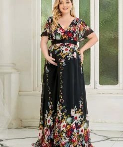 Ever-Pretty US Floral Print V-Neck Short Sleeve Ruffle Bump Friendly Dress