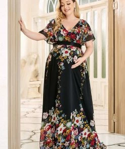 Ever-Pretty US Plus Size Floral Print V-Neck Short Sleeve Ruffle Bump Friendly Dress Maternity Dresses