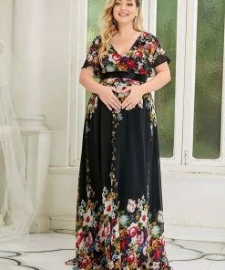 Ever-Pretty US Plus Size Floral Print V-Neck Short Sleeve Ruffle Bump Friendly Dress Maternity Dresses