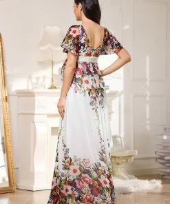 Ever-Pretty US Floral Print V-Neck Short Sleeve Ruffle Bump Friendly Dress