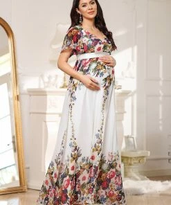 Ever-Pretty US Floral Print V-Neck Short Sleeve Ruffle Bump Friendly Dress