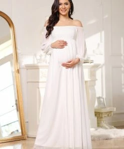 Ever-Pretty US Maternity Dresses Off-Shoulder Sheer Lace Long Sleeve Bump Friendly Dress