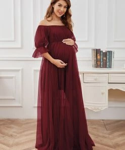 Ever-Pretty US Maternity Dresses Sheer Off-Shoulder Double Skirt Maxi Maternity Dress