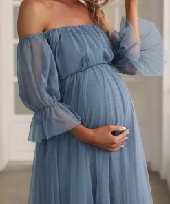 Ever-Pretty US Maternity Dresses Sheer Off-Shoulder Double Skirt Maxi Maternity Dress