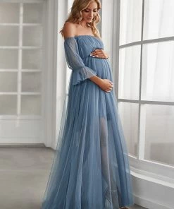 Ever-Pretty US Maternity Dresses Sheer Off-Shoulder Double Skirt Maxi Maternity Dress