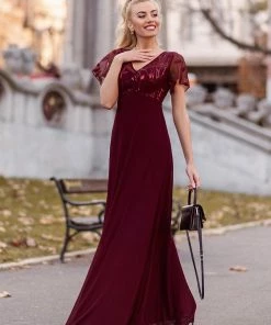 Ever-Pretty US Custom Size Sequin Chiffon Evening Dresses With Sleeves Summer Dresses 2022