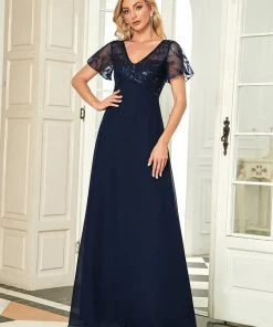 Ever-Pretty US Custom Size Sequin Chiffon Evening Dresses With Sleeves Summer Dresses 2022