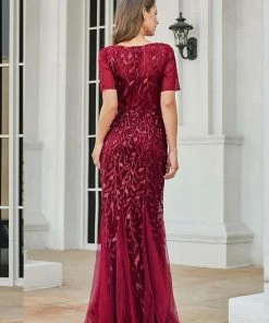 Ever-Pretty US Floral Sequin Maxi Fishtail Tulle Prom Dress With Half Sleeve SHOP BY OCCASION