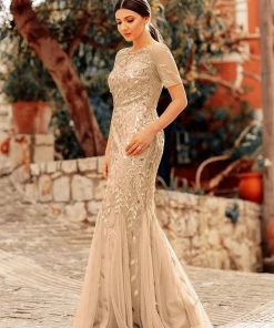 Ever-Pretty US Floral Sequin Maxi Fishtail Tulle Prom Dress With Half Sleeve SHOP BY OCCASION