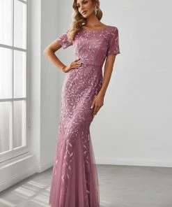 Ever-Pretty US Floral Sequin Print Maxi Long Fishtail Tulle Dresses With Half Sleeve SHOP BY OCCASION
