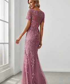 Ever-Pretty US Floral Sequin Print Maxi Long Fishtail Tulle Dresses With Half Sleeve SHOP BY OCCASION